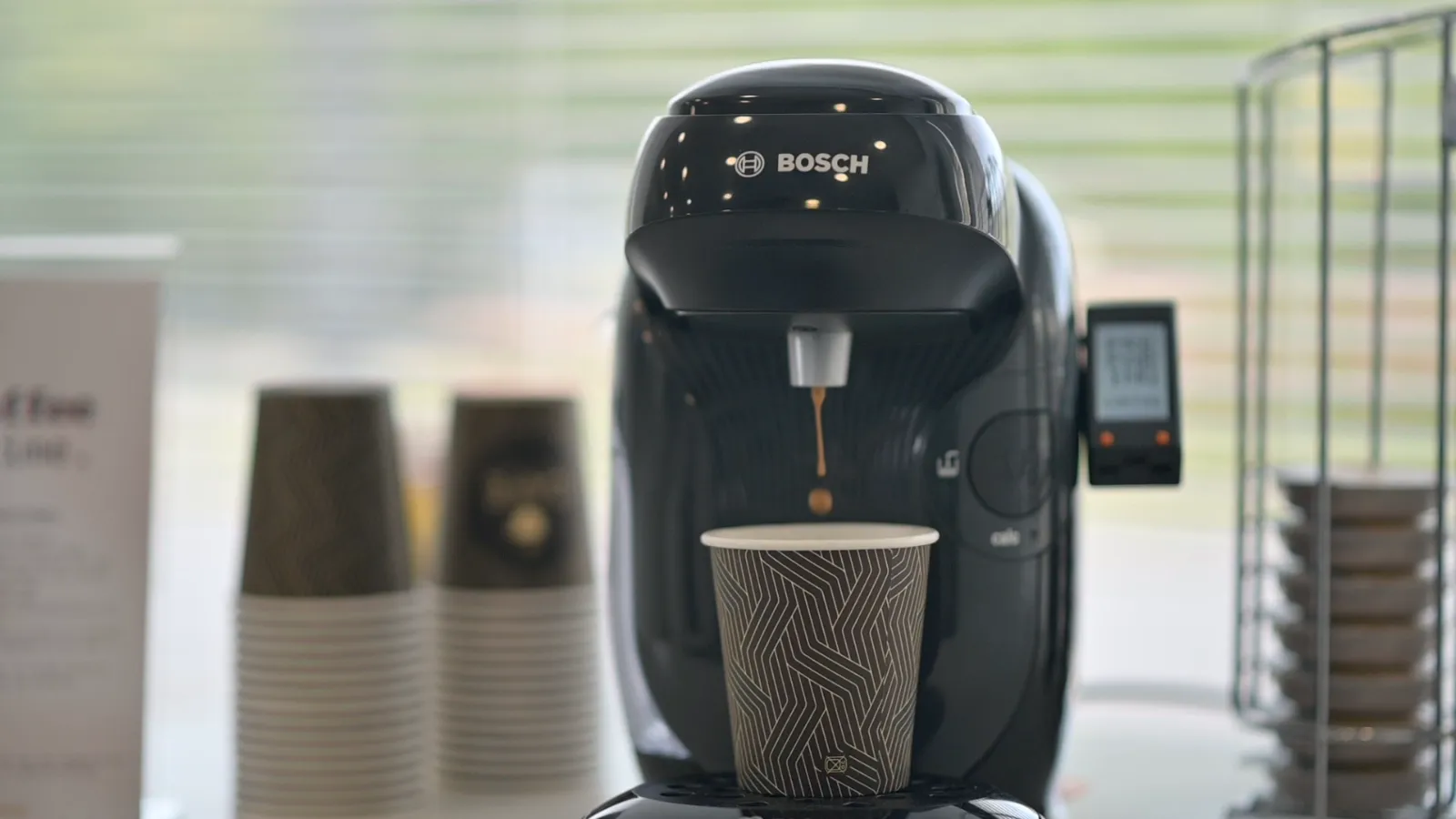 Coffee pouring from a Satoffee Bosch Tassimo