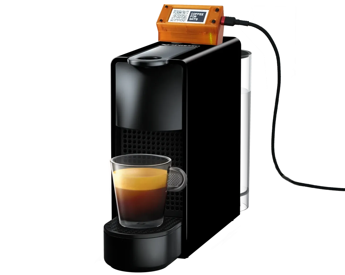 Nespresso Essenza Mini with the orange Satoffee module on top showing a QR code