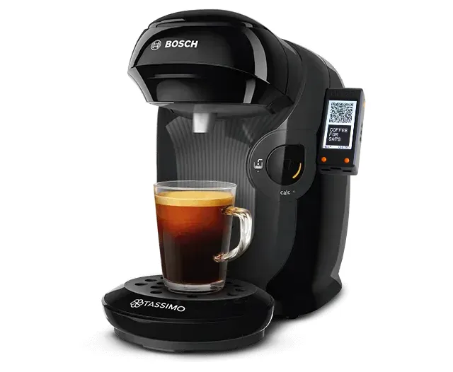 Bosch Tassimo coffee machine with the Satoffee screen showing a payment QR code